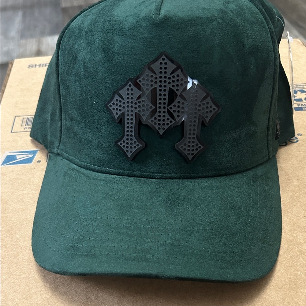 Green Suede Cap with Black Cross Design